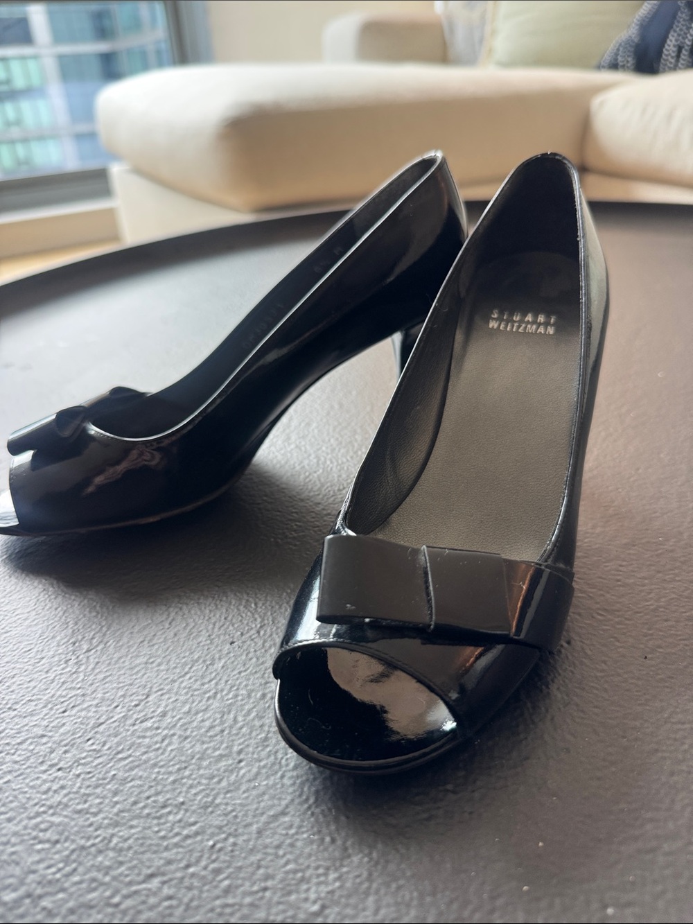 Stuart Weitzman Black Patent Peep-Toe Pumps with Decorative Bow